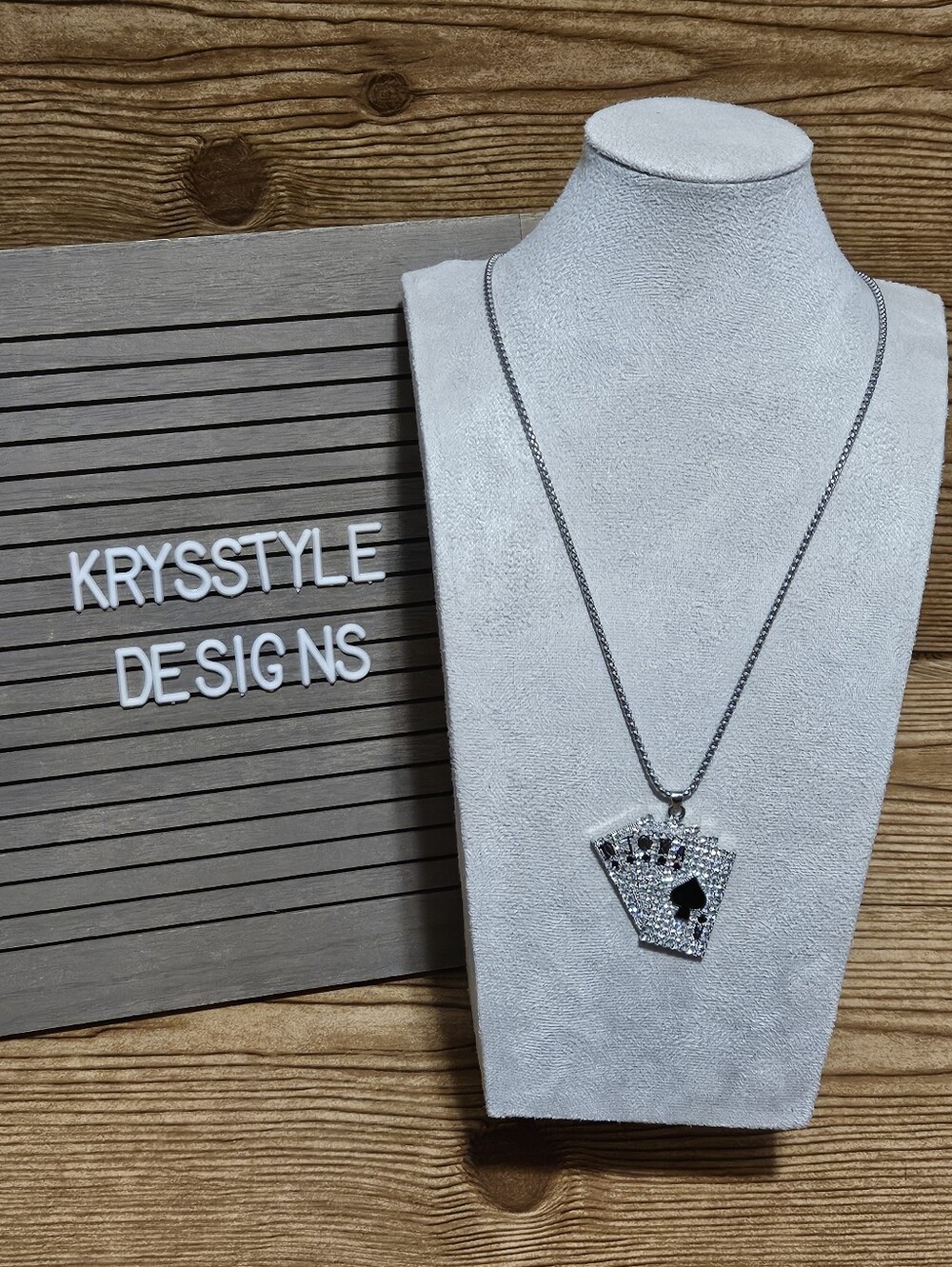 Black Spade Royal Flush Sparkly Crystal Playing Card Necklace Poker Casino